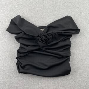 WAYF Top Womens XS Black Belle Off The Shoulder Ruched Draped Blouse Rosette Pin